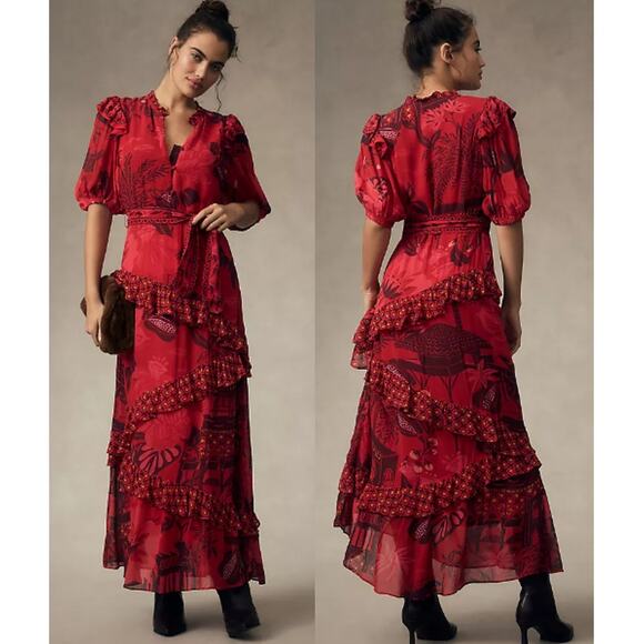 Farm Rio Puff-Sleeve Printed Ruffled Trim A-Line Maxi Dress Red